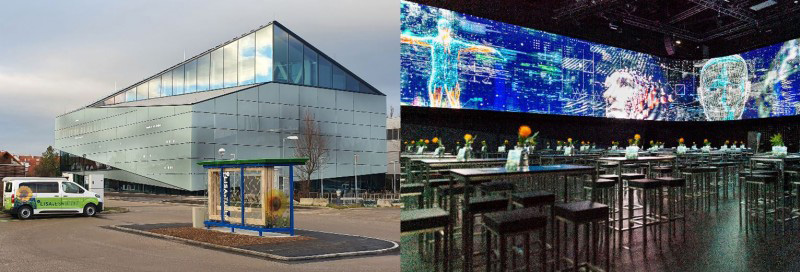 One photo of the outside of the building and the other photo is of an interior room