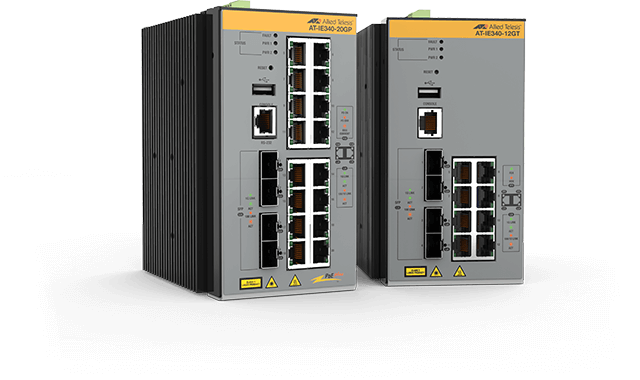 Allied Telesis IE340 Series The Allied Telesis IE340 managed Industrial Ethernet Layer 3 switches feature 16 x 10/100/1000T PoE+ copper ports and 4 x 100/1000X SFP uplink.