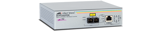 Allied Telesis PC232/POE Two-port Fast Ethernet Power over Ethernet switch, 10/100TX to 100FX (SC), 2km