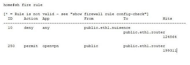 Command line output example of the show firewall rule