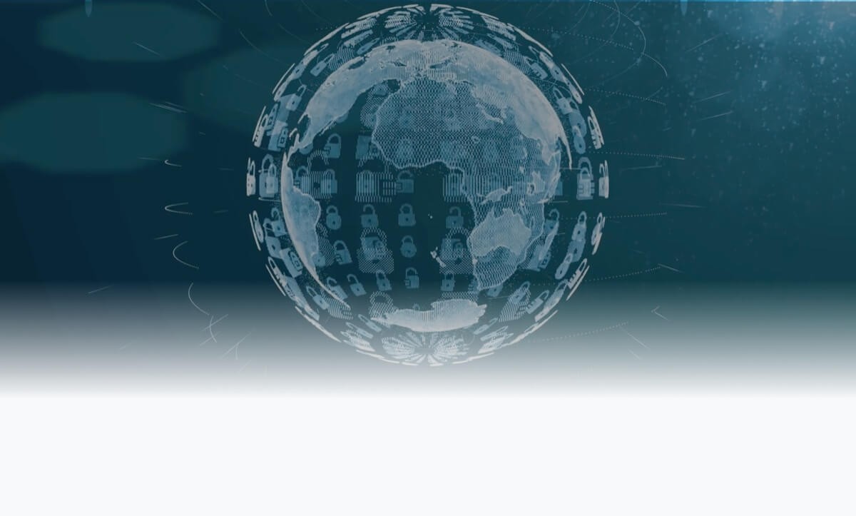 Dark globe encased in network security graphics