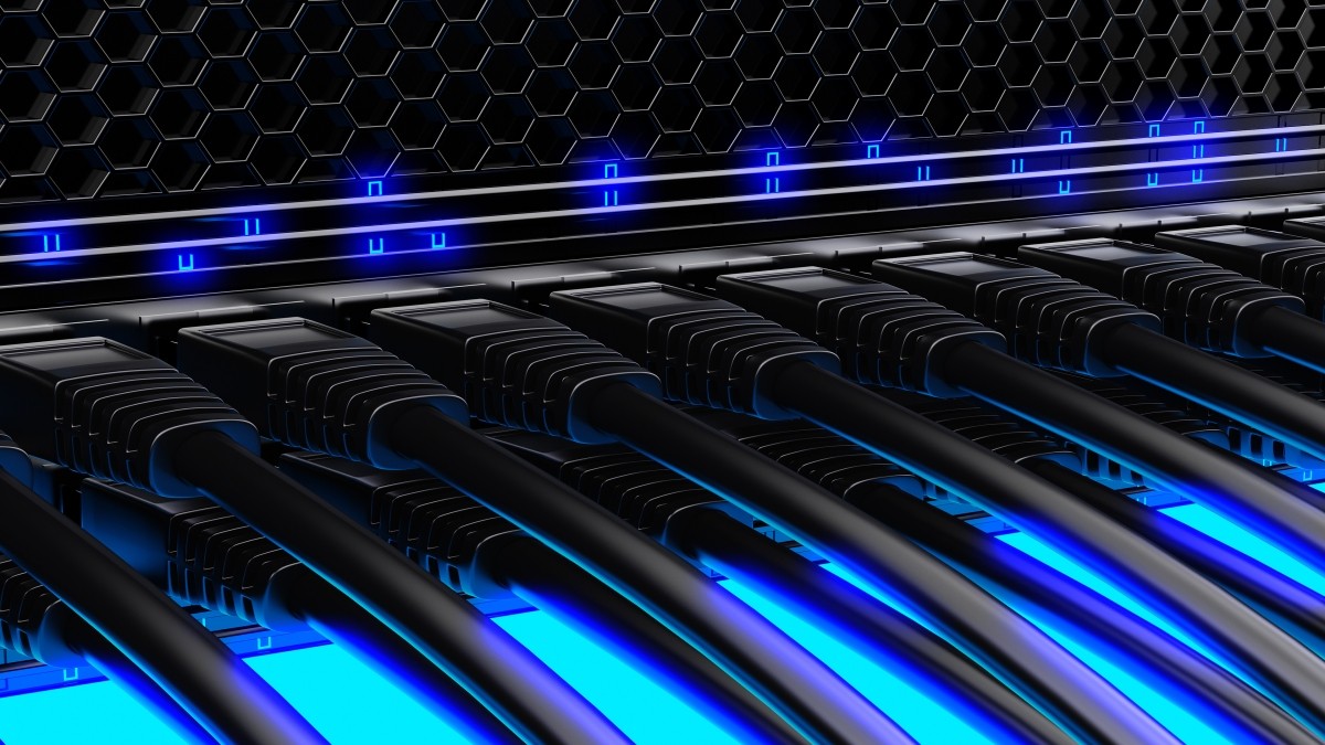 Black power over ethernet cables with blue indicator lights