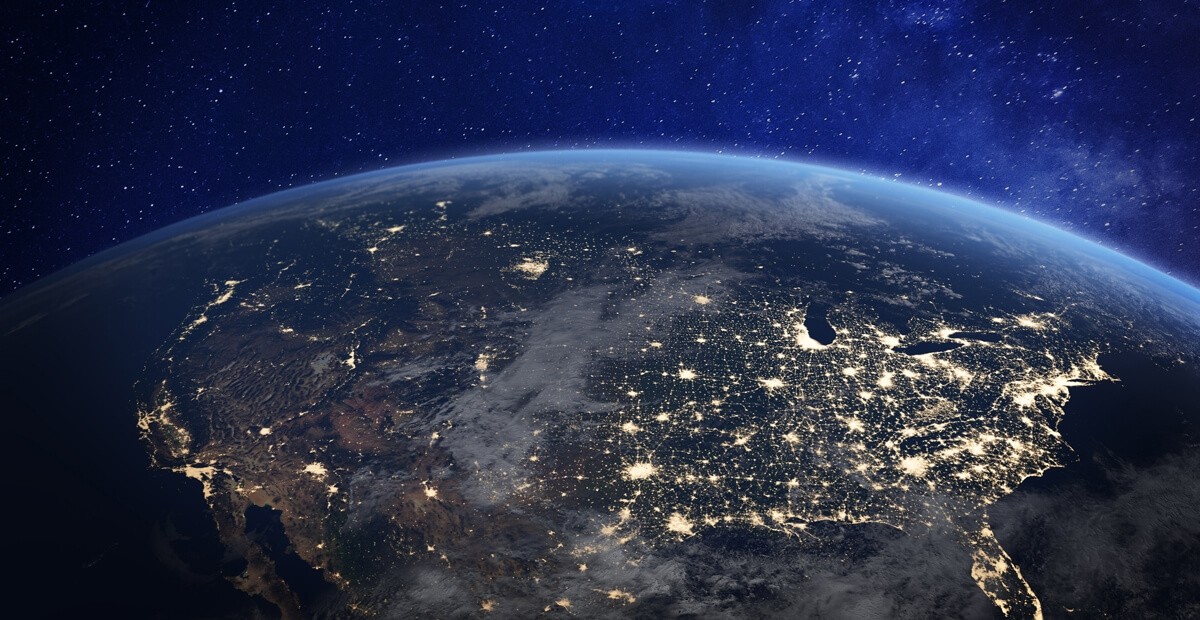 View of part of the world from space with lights over the American continent